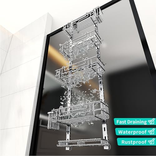 HapiRm 5 Tier Over the Door Shower Caddy, Hanging Shower Caddy with 28 Hooks and 2 Toothbrush Holders, No Drilling Adjustable Hanging Bathroom Organizer - Silver - Image 4