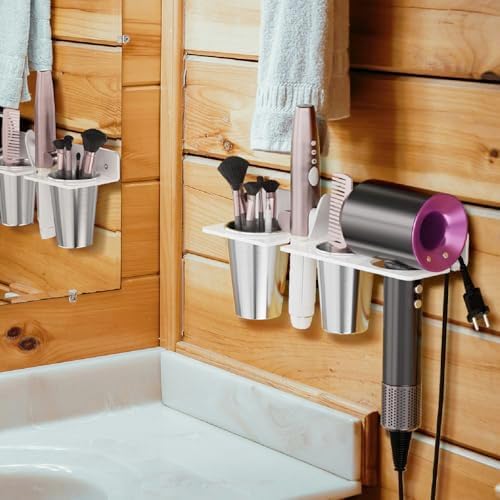 HIIMIEI Hair Tool Organizer Wall Mount, White Acrylic Hot Tool Holder with 2Cups, Bathroom Hair Styling Accessories Storage Organizer for Flat Iron, Blow Dryer, Curling Wand - Image 5
