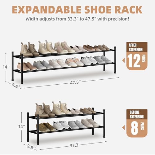 STORAGE MANIAC Long Expandable Shoe Rack, 12 Pairs Metal Wide Stackable Shoe Rack, Adjustable Shoes Shelf, Freestanding Shoes Organizer for Closet, Entryway, Hallway, Garage, Front Door, 2 Tiers - Image 2