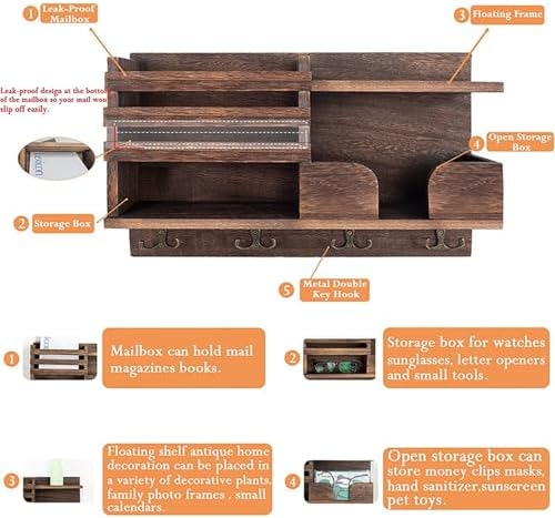 Key Holder Wall Mount, Wooden Organizer Wall Mount with 4 Double Hooks and Wallet Holder, Sunglasses and Mail Storage Rack for Entryway or Mudroom - Brown - Image 3