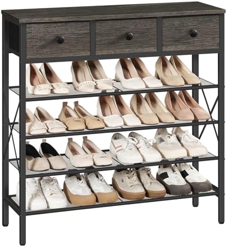 YATINEY 5-Tier Shoe Rack with 3 Drawers, Metal Shoe Organizer for 20 Pairs with Storage Shelves and Wooden Top, for Entryway, Hallway, Foyer, Closet, Charcoal and Black SS35BC by Yatiney