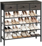 YATINEY 5-Tier Shoe Rack with 3 Drawers, Metal Shoe Organizer for 20 Pairs with Storage Shelves and Wooden Top, for Entryway, Hallway, Foyer, Closet, Charcoal and Black SS35BC by Yatiney