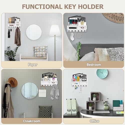 VIS'V Key Holder Wall Mount, Decorative Wood Mail and Key Organizer, White - Image 7