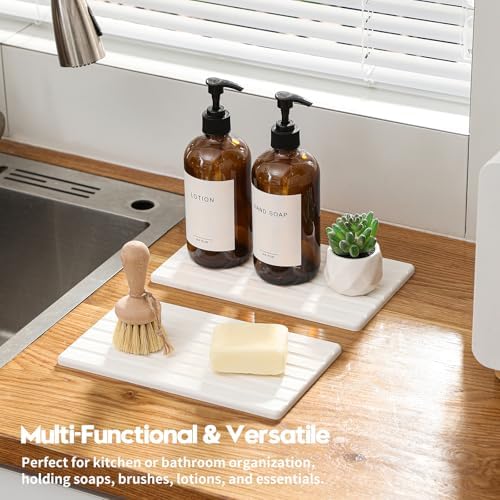 Razborci 2PCS Water Absorbing Stone Drying Tray Mat for Bathroom Sink & Kitchen Counter Organizer, Quick Dry Dish Soap Dispenser Sponge Holder, Vanity Sink Caddy, Drink Bar Coaster, White - 10"*6" - Image 3