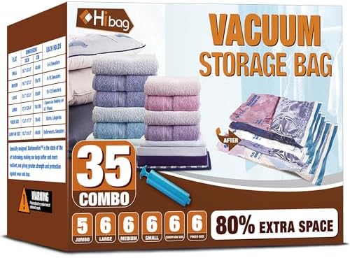 Vacuum Storage Bags, Space Saver Vacuum Seal Storage Bags 35-Pack Sealer Bags for Clothes, Clothing, Bedding, Comforter, Blanket (35C) | Various Size, Airtight Triple Seal, Save 80% Space, Hand Pump, Work with Vacuum, Double Zip, Reusable, Easy to Use by HIBAG