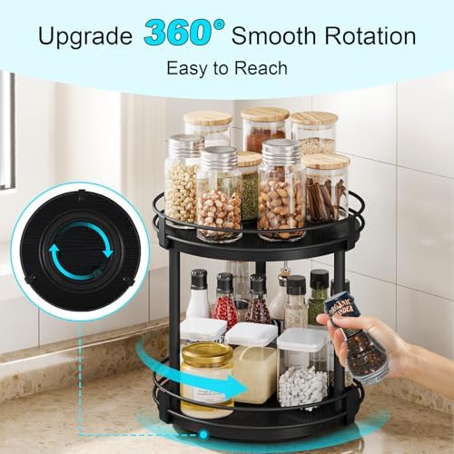Snughome Lazy Susan Spice Rack, 2 Tier Rotating Spice Rack, Wood Lazy Susan Organizer for Cabinet, Black Kitchen Counter Shelf, 10.2" x 10.2" x 10.4" - Image 4