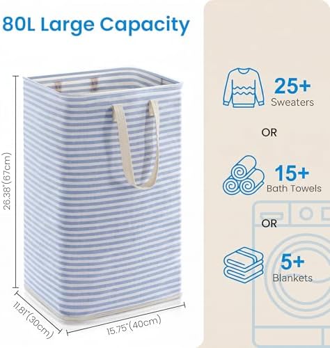efluky Slim Laundry Basket, Narrow Laundry Hamper with Handles, Collapsible Dirty Clothes Hamper, Tall Laundry Bin for Laundry Room, Dorm and Bedroom, 80L, Striped Blue - Image 2