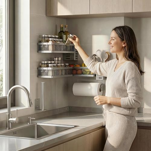 PUSDON 5-in-1 Wide Wall Mount Wrapped Mesh Kitchen Organizer & Shower Caddy Kit, with Paper Towel Holder, Utensil Holder, Soap Dish, Heavy Duty 50LBS - Silver Gray, Netting - Image 5