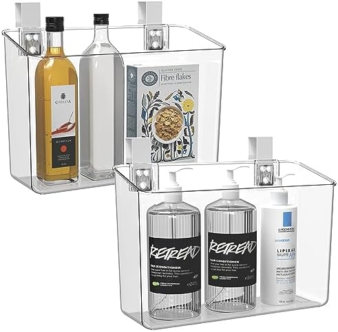 vacane 2 Pack Plastic Over Cabinet Door Organizer with Removable Hooks, Clear Hanging Baskets for Organizing Hanging Holder for Kitchen, Bathroom-Hang Outside or Inside Door-L by vacane