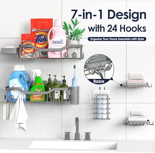 NESOMI Shower Caddy Adhesive Shower Organizer 7-Pack, Rustproof Stainless Steel Bathroom Shelves, Large Capacity No-Drill Rack Storage Accessories with Soap Dish Toothbrush Holder Hooks - Image 4