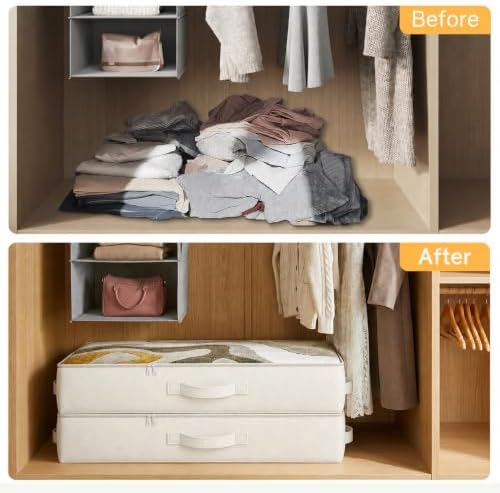 2-Pack Under Bed Storage Containers, 4.5 Inches Tall Clothes Storage, Beige | Low Profile Collapsible Underbed Organizer Bin with Sturdy Sidewalls/Bottom, Cotton-linen, For Seasonal Clothes & Bedding - Image 6