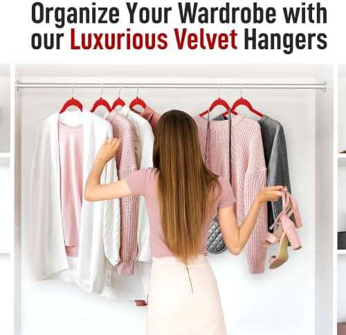 Sishynio Velvet Hangers 30 Pack, Non-Slip Slim Felt Clothes Hangers Red | Space-Saving Closet Organization; Flocked Surface; 360° Swivel Hooks; For Shirts, Coats, Dresses, Blouses - Image 7