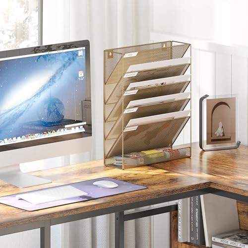 EasyPAG 5 Tier Wall File Holder, Mesh Hanging Folder Organizer with Classify Label, Versatile Desk File Holder, Vertical Wall Mounted Mail Organizer for Office Home Cubicle, Gold - Image 5