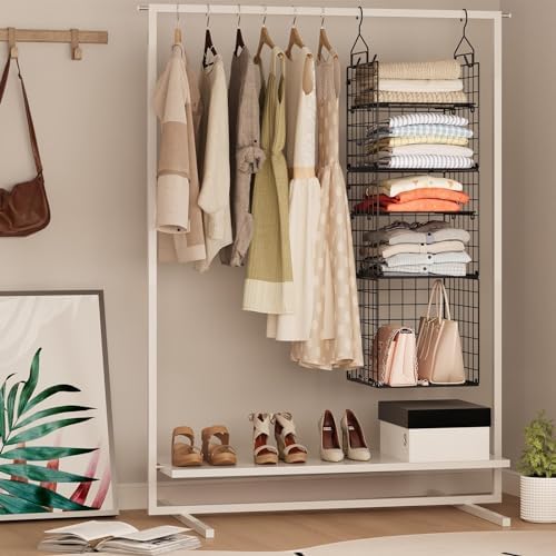 X-cosrack Hanging Closet Organizer and Storage - 5-Tier Closet Storage Organizer Baskets for Clothes & Adjustable Collapsible Metal Closet Hanging Organizer Shelves for Sweaters Shoes Handbags - Image 2