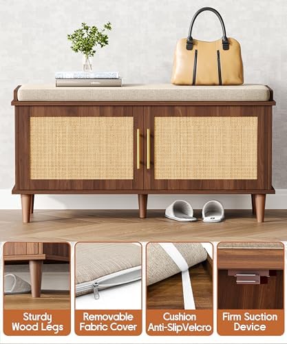 Akxomel 39.4" Rattan Shoe Storage Bench 2 Doors Entryway Bench Walnut - Image 6