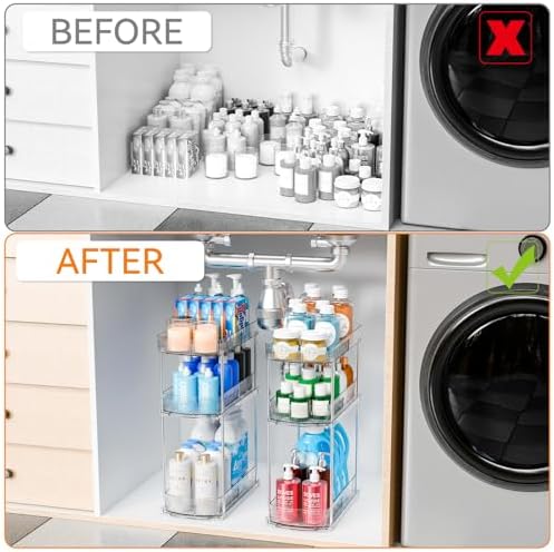 2 Pack 3 Tier Large Pull Out Bathroom Organizers and Storage,13.8″ Deep Sliding Kitchen Under Sink Organizer for Cleaning Products Storage,Acrylic Clear Bathroom inder Sink Organizer,Undersink Storage - Image 6