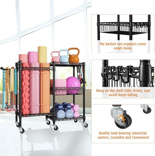 FUTASSI Home Gym Storage, 3 Tiers Workout Equipment Organizer with Wheels for Yoga Mats, Foam Roller, Dumbbells, Kettlebells, and Resistance Bands - Image 2