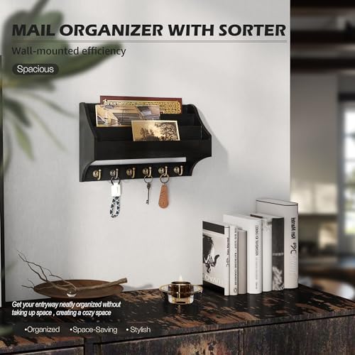 Rebee Vision Mail Organizer Wall Mounted with 6 Key Hooks, Black - Image 6