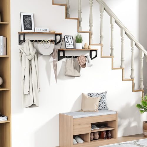 Coat Rack Wall Mount, Wood Wall Shelf with Hooks, Coat Hanger Wall Mount with 4 Metal Hooks, Wall Mounted Coat Rack Organizer for Entryway, Bedroom, Living Room, Room Decor, Brown 2 Pack - Image 6