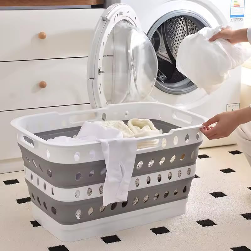 Collapsible Laundry Basket with Wheels & Folding Legs - 13.5 Gallon (51L) Large Foldable Pop-Up Clothes Hamper, Ergonomic Elevated Height, BPA-Free, Space Saving for Home & Dorm (Grey/White) - Image 5
