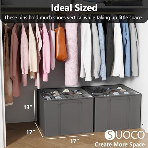 SUOCO 2 Pack Shoe Organizer for Closet, Fits up to 32 Pairs, Small Space Shoe Storage Boxes Bins Containers w/Adjustable Dividers and Clear Top, Grey - Image 4