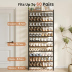 12 Tier Shoe Rack Organizer for 48-60 Pairs, Tall Metal Shoe Storage Shelf with Wood Top, Adjustable Boot Space, Narrow Design for Entryway Closet, Rustic Brown and Black - Image 4