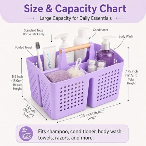 Portable Shower Caddy Basket with 3 Compartments and Handle, Purple - Image 2