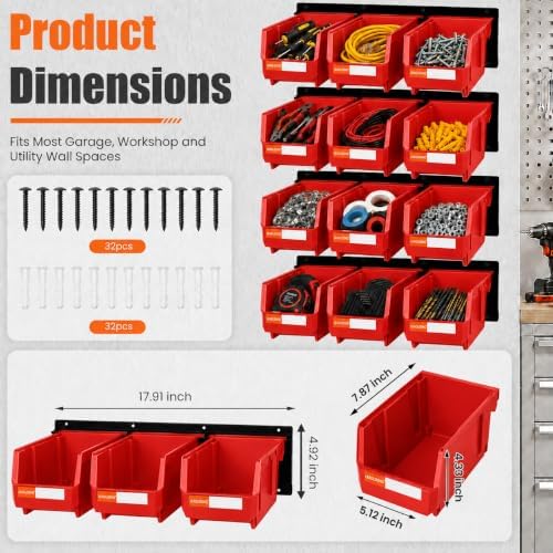 12pc Wall-Mounted Storage Organizer Set with Metal Rails Red - Image 2