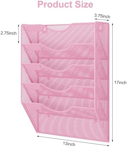 EasyPAG Wall File Organizer 5 Tier Hanging Paper Folder Holder, Zero Assembly Metal Mesh Wall Mounted Mail Organizer for Office Home Classroom Narrow Spaces, Pink - Image 5