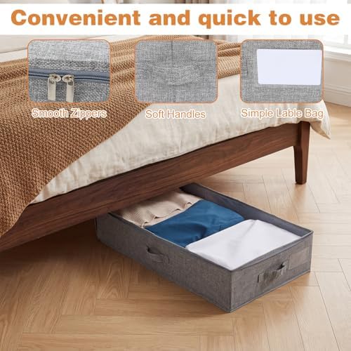 2-Pack Under Bed Storage Containers with Lids, 6.7" Low Profile Under Bed Organization Bins for Clothes, Bedding and Sweaters, 53L Large Fabric Storage Boxes, Foldable Space Saving, Gray - Image 3