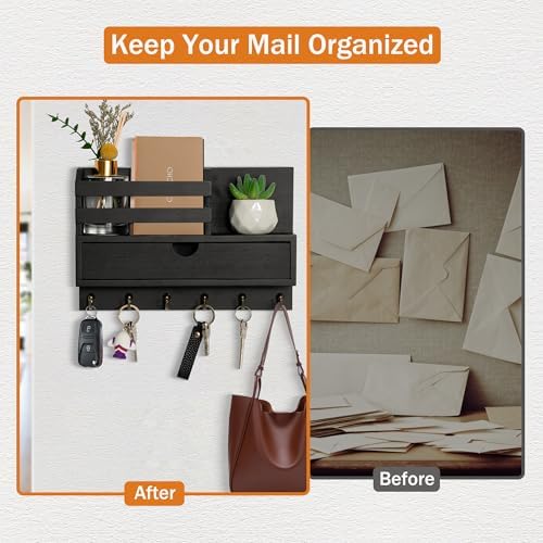 dreampossible Key and Mail Holder for Wall, Mail Organizer Wall Mount with 6 Hooks and Storage Drawer, Wooden Key Rack Hanger with Shelf for Entryway and Home Decor - Image 4
