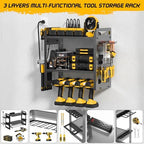 TOPRINCE Power Tool Organizer Wall Mount with Charging Station, 3-Tier Heavy Duty Metal Tool Rack with 4 Drill Holders and 6FT Power Strip, Garage Workshop Storage.Black - Image 3