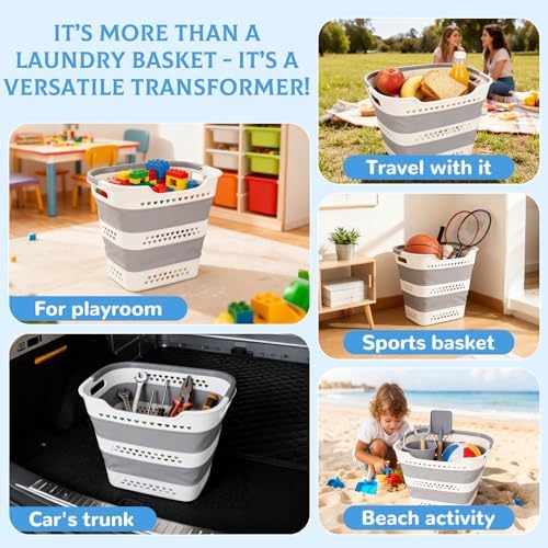2 Pcs Collapsible Laundry Baskets for Clothes, 43L Plastic Laundry Hamper for Dorm Bedroom, Space Saving Pop-Up Laundry Hamper Container, Durable Foldable Laundry Basket with Handles (Grey-White) - Image 7