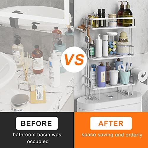 FLOLXNB Over The Toilet Storage,3-Tier Bathroom Organizer Shelves with Paper Holder, Multifunctional Toilet Rack,No Drilling Storage Shelf, Home Storage Space Saver Wall Mounting Design,White - Image 4