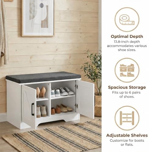 HOMSHO Farmhouse Shoe Storage Bench with 2 Barn Doors & Padded Seat Cushion - Image 5