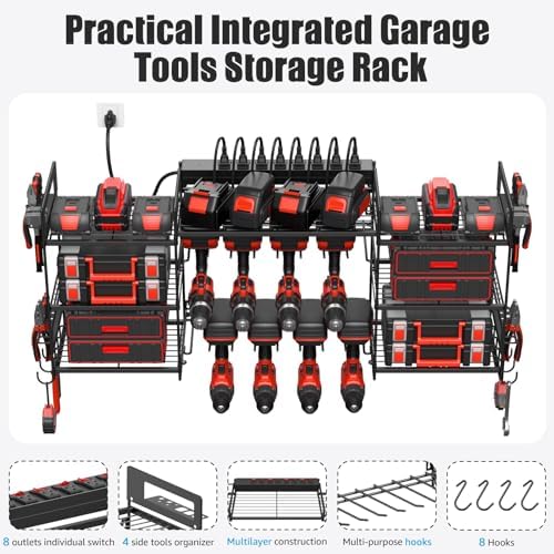 CCCEI Black Power Tool Organizer Wall Mount, Large Tools and Battery Storage Rack Charging Station Individual Switches. Drills Holder, Garage Utility Shelves with 6FT Power Strip. Gift for Men. - Image 6
