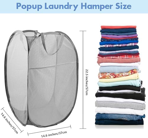 Pop Up Laundry Hamper, 70 L Collapsible Mesh Basket with Side Pocket, Gray - Image 2
