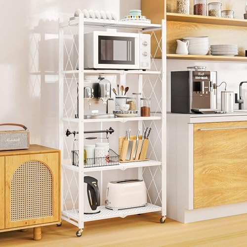 5-Tier Folding Metal Storage Rack - 63" Heavy-Duty Steel Frame with Wheels, No Assembly Utility Organizer, Rolling Shelving Unit for Kitchen, Garage, Pantry, Bedroom (White, 5 Tier) - Image 5