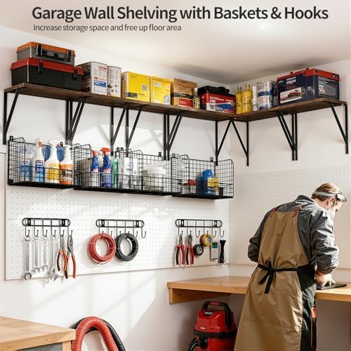 Housolution Garage Shelving Wall Mounted with Basket & Hook up to 154 LBS - Image 2