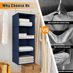Hanging Closet Organizer 4-Shelf, Oxford Fabric Wardrobe Storage, Navy Blue | Easy-mount foldable design holds clothes, handbags, shoes & accessories; washable Oxford fabric, sturdy and space-saving. - Image 7