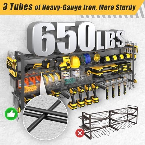 49''W Power Tool Organizer Wall Mount, 650LBS, 4 Tier, 12 Drill Holders - Image 3