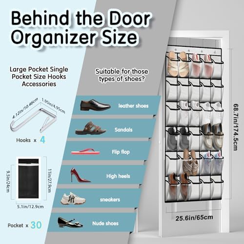 Kotkn 30 Compartment Breathable Mesh Pocket Over the Door Hanging Over the door shoe organizer Shoe rack Over door shoe organizer Hanging shoe organizer (White, 30) - Image 3