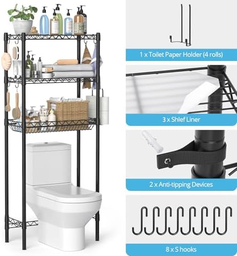 Hodonas Over The Toilet Storage Shelf, Black, 26.97" W x 9.84" D x 63.8" H - Image 4
