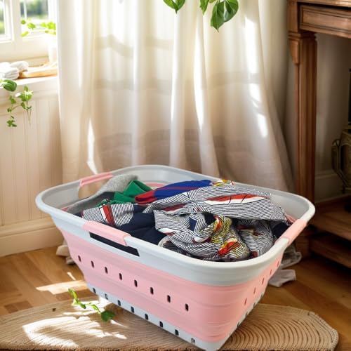 SAMMART 42L (11 gallon) Collapsible Plastic Laundry Basket - Foldable Pop Up Storage Container/Organizer - Space Saving Hamper/Basket (Grey/Quartz Pink) - Image 5