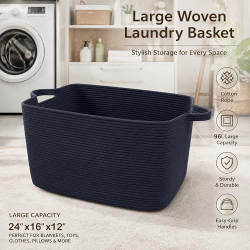 96L Woven Laundry Basket with Handles, Extra Blanket Basket,Navy - Image 5
