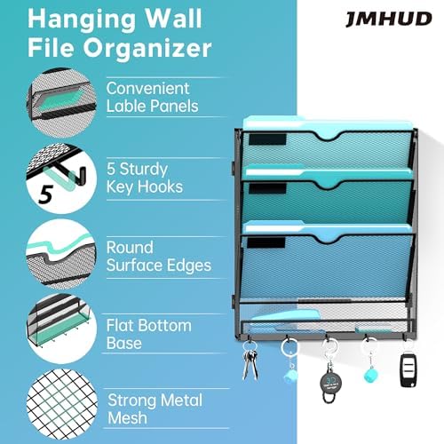 4-Tier Wall File Organizer and Mail Organizer with 5 Hooks, Black - Image 2