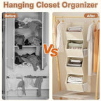 Hanging Closet Organizer 4 Shelf Collapsible Fabric Closet Organizers and Storage Hanging with Mesh Pocket for Clothes, Hanging Wardrobe Organizers and Storage for Sweater T-Shirt Shoes Toys, Beige - Image 5
