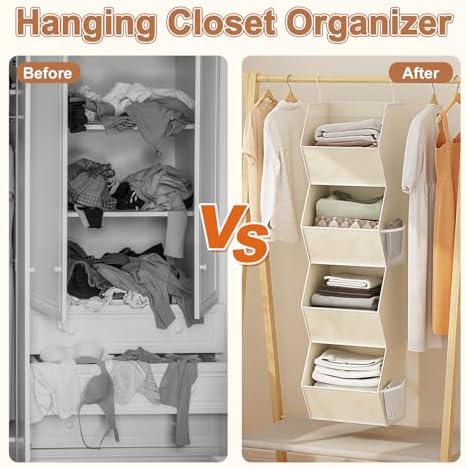 Hanging Closet Organizer 4 Shelf Collapsible Fabric Closet Organizers and Storage Hanging with Mesh Pocket for Clothes, Hanging Wardrobe Organizers and Storage for Sweater T-Shirt Shoes Toys, Beige - Image 5