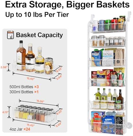 Delamu Large Over the Door Pantry Organizer, 6-Tier Metal Pantry Door Organization and Storage for Easy Install, Hanging Spice Rack Seasoning Shelves for Cabinet & Kitchen, D6.7xW17.5xH53.7 in, White - Image 4