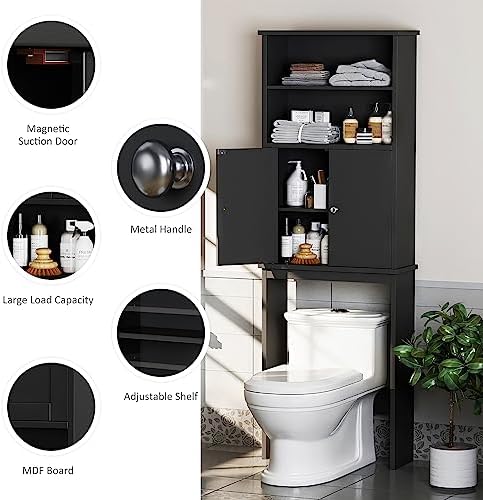 Over the Toilet Storage Cabinet for Bathroom, 75in Black Over Toilet Cabinet Freestanding Storage Organizer, Space Saver with Doors and Adjustable Shelf, Black - Image 6